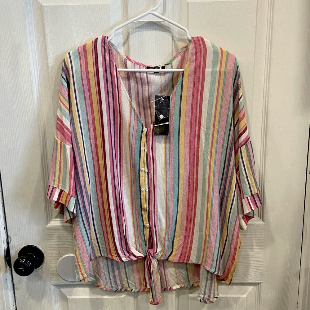 Michel multi colored stripe button up top blouse size L.
